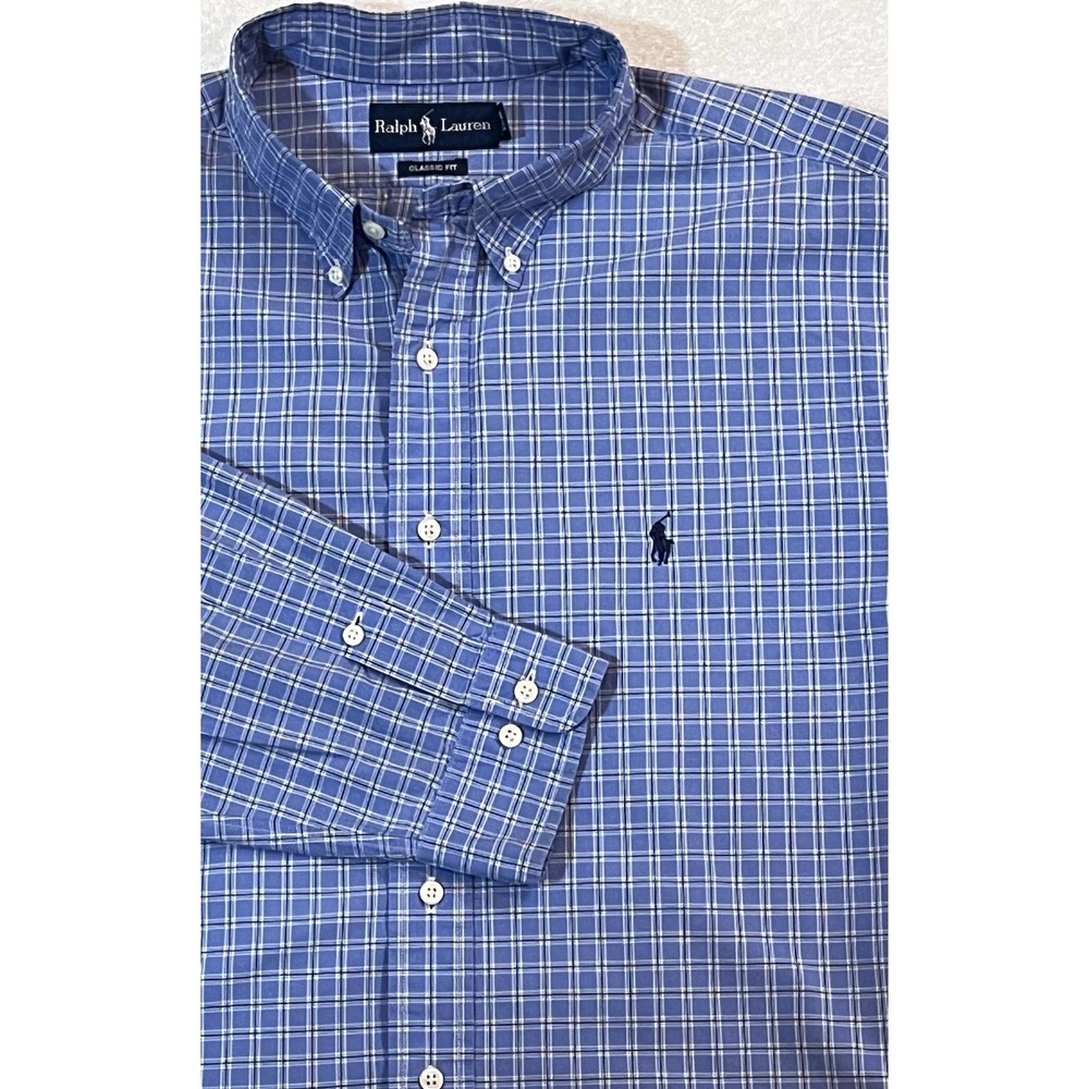 Polo Ralph Lauren 17 1/2 34/35 (XL) Blue Plaid Pony Long Sleeve Oxford Classic
